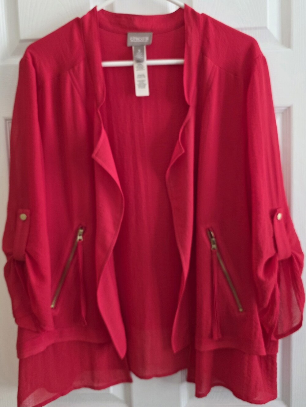 Chico's Sz 3 Red Jacket Zip Pockets roll Tab Sleeves Semi Sheer